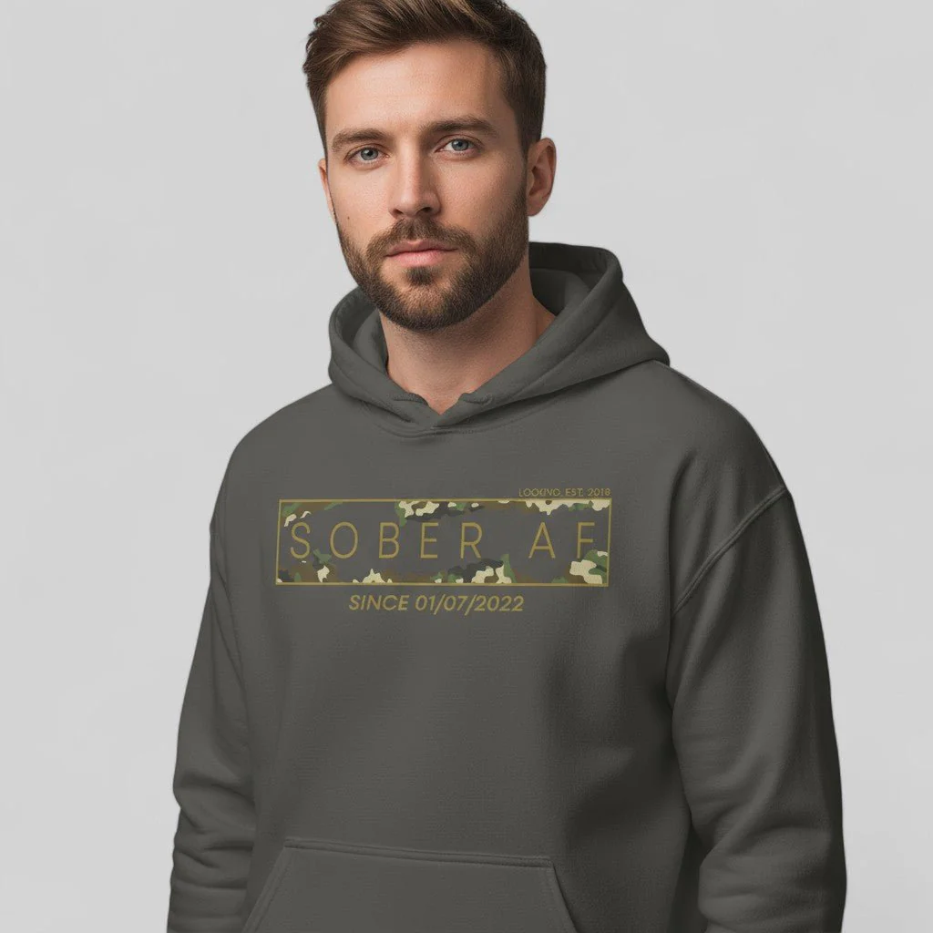 Recovery Hoodie | Men's Sober AF Camo Hoodie with Custom Sober Date - Image 36