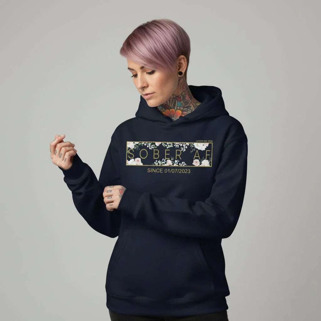 Recovery Hoodie | Women's Sober AF Flower Hoodie with Custom Date - Image 13