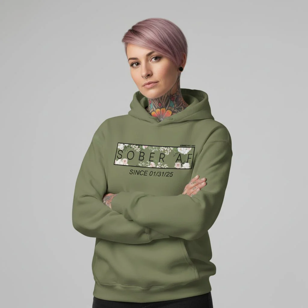 Recovery Hoodie | Women's Sober AF Flower Hoodie with Custom Date - Image 17