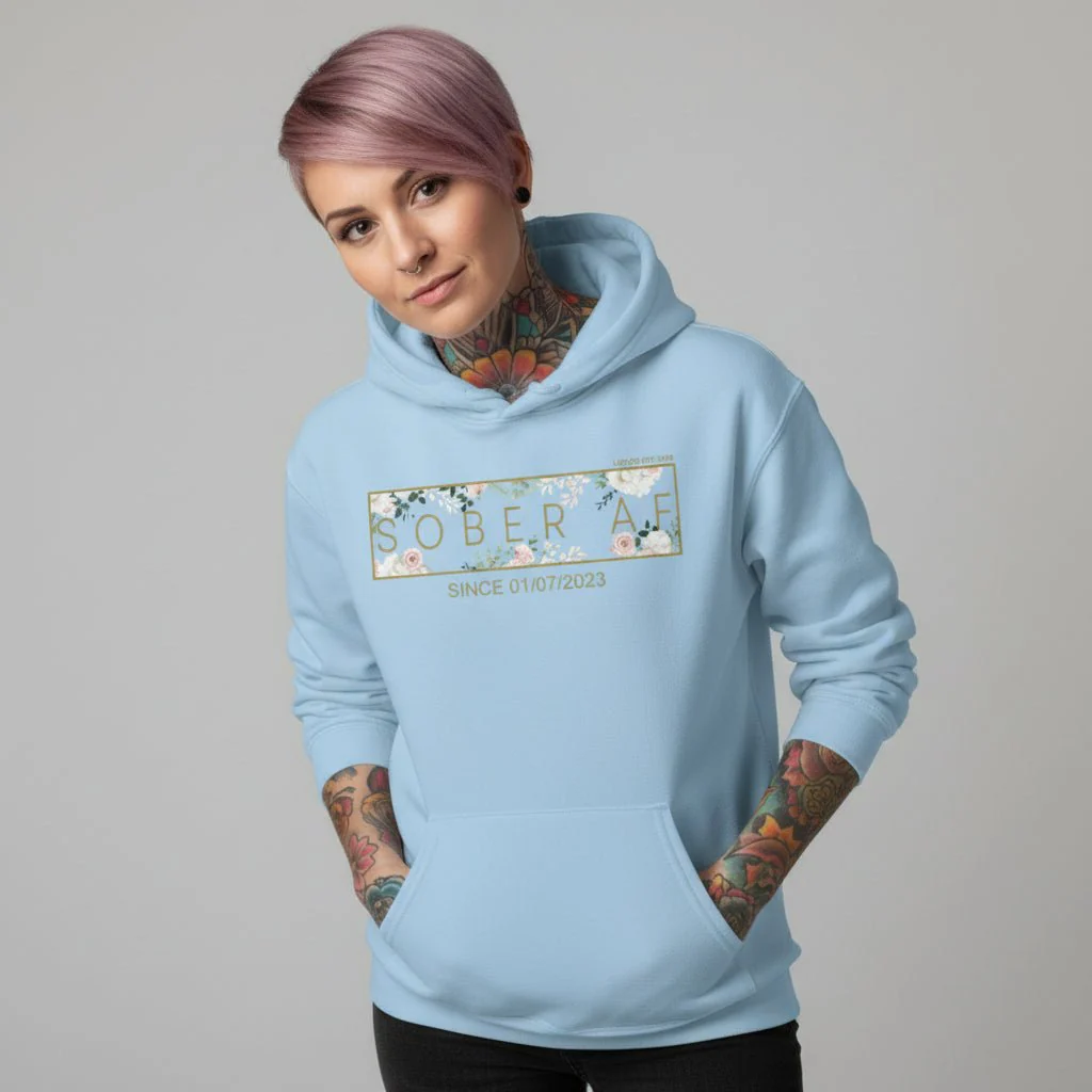 Recovery Hoodie | Women's Sober AF Flower Hoodie with Custom Date - Image 23