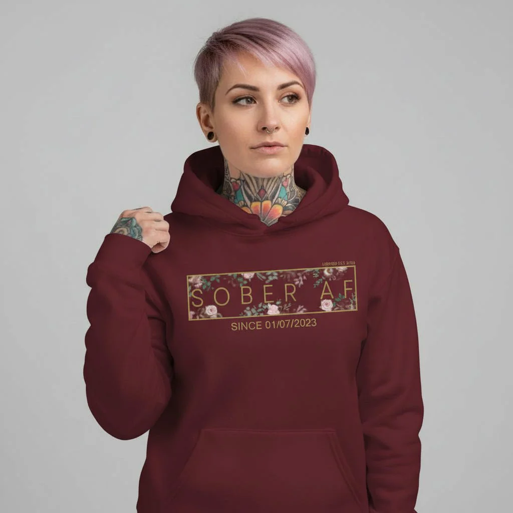 Recovery Hoodie | Women's Sober AF Flower Hoodie with Custom Date - Image 33