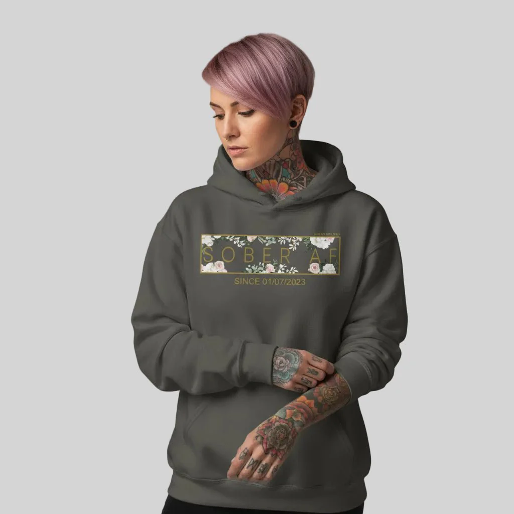 Recovery Hoodie | Women's Sober AF Flower Hoodie with Custom Date - Image 53