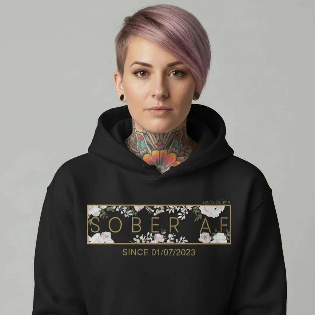 Recovery Hoodie | Women's Sober AF Flower Hoodie with Custom Date - Image 6