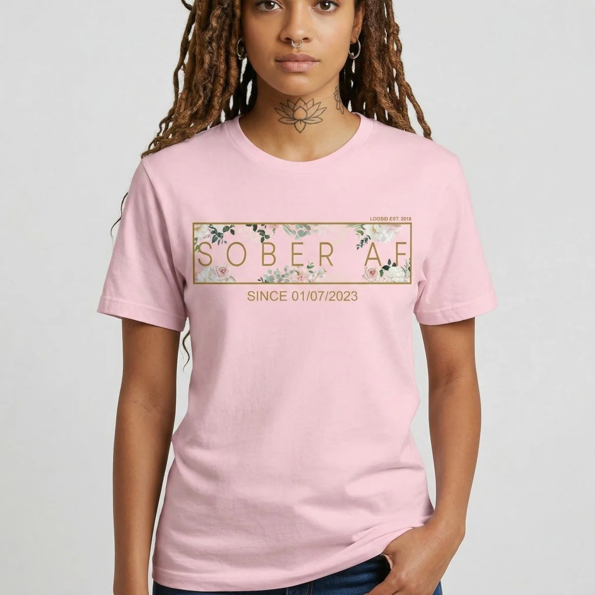 Sober T Shirt | Women’s Sober AF Flower Tee with Personalized Sobriety Date - Image 20