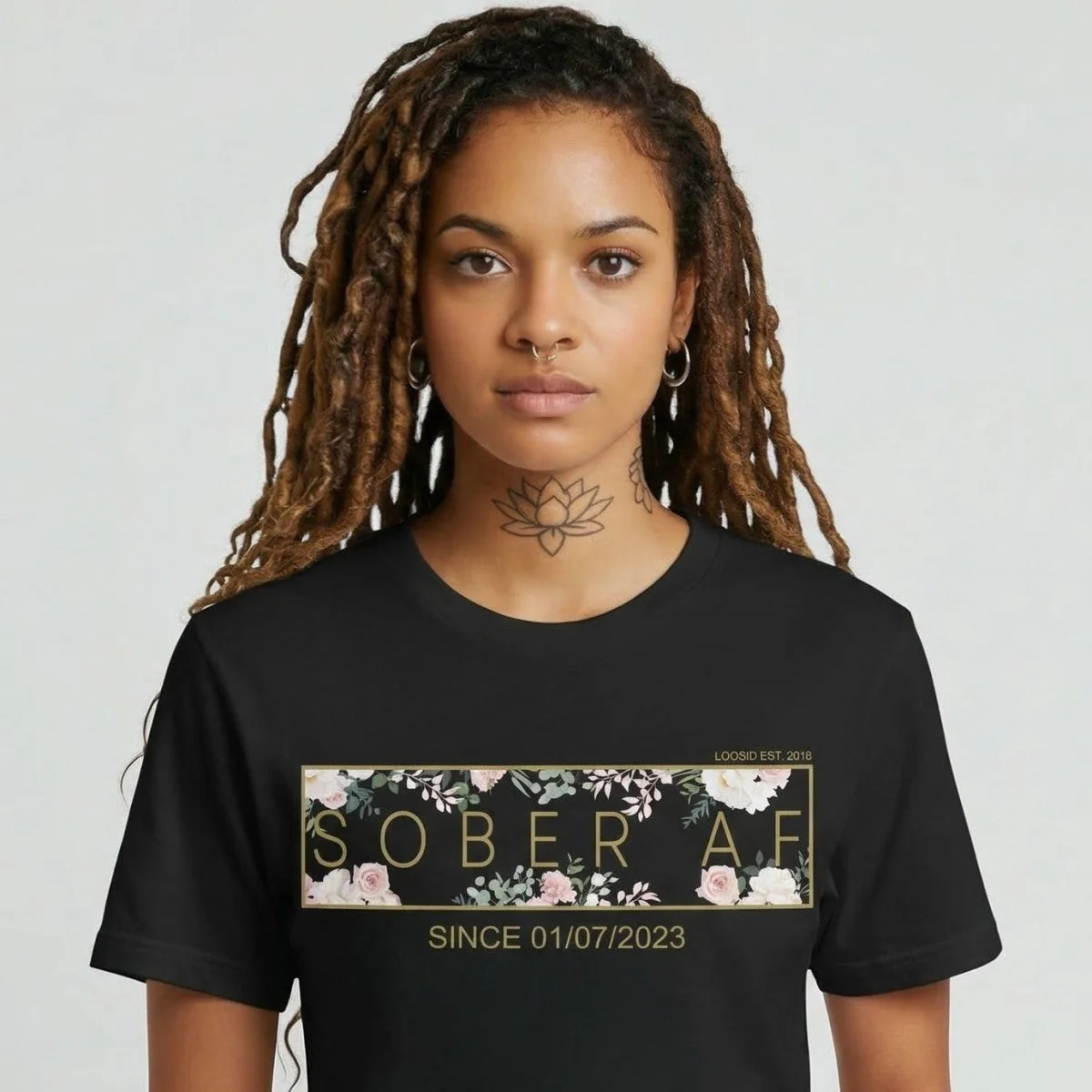 Sober T Shirt | Women’s Sober AF Flower Tee with Personalized Sobriety Date - Image 4
