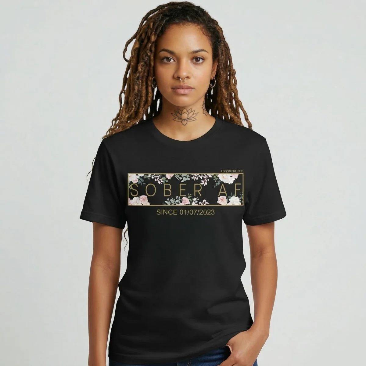 Sober T Shirt | Women’s Sober AF Flower Tee with Personalized Sobriety Date - Image 5