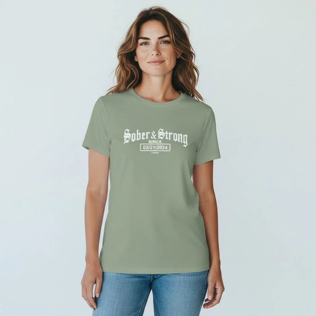 Sober T Shirt | Women’s Old School Sober & Strong Tee with Personalized Sobriety Date - Image 13
