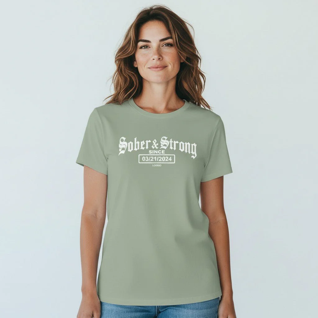 Sober T Shirt | Women’s Old School Sober & Strong Tee with Personalized Sobriety Date - Image 14