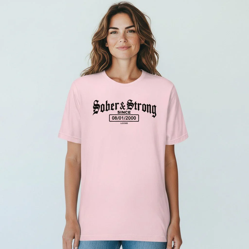 Sober T Shirt | Women’s Old School Sober & Strong Tee with Personalized Sobriety Date - Image 23