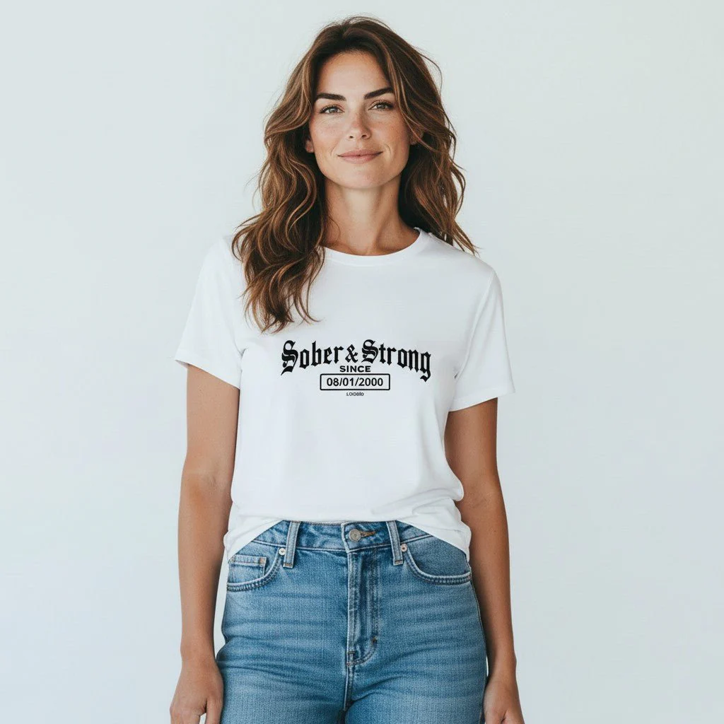 Sober T Shirt | Women’s Old School Sober & Strong Tee with Personalized Sobriety Date - Image 26
