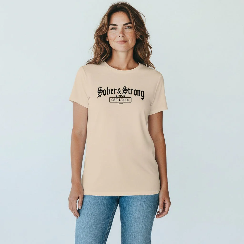 Sober T Shirt | Women’s Old School Sober & Strong Tee with Personalized Sobriety Date - Image 29