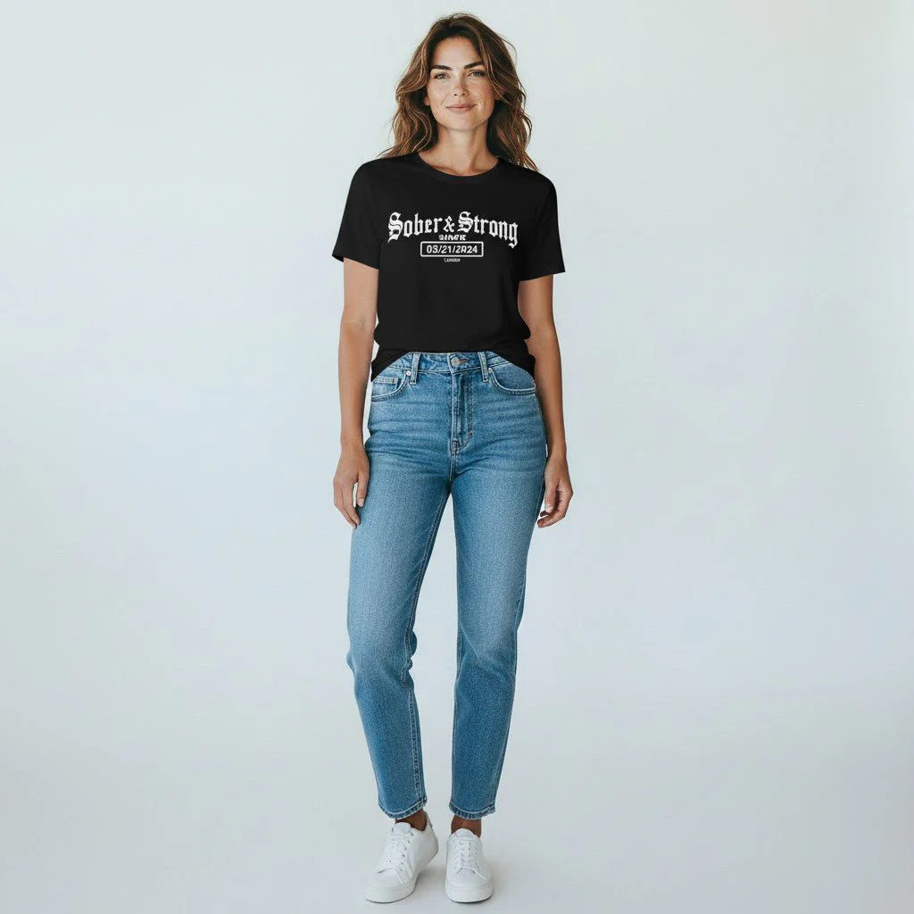 Sober T Shirt | Women’s Old School Sober & Strong Tee with Personalized Sobriety Date - Image 5